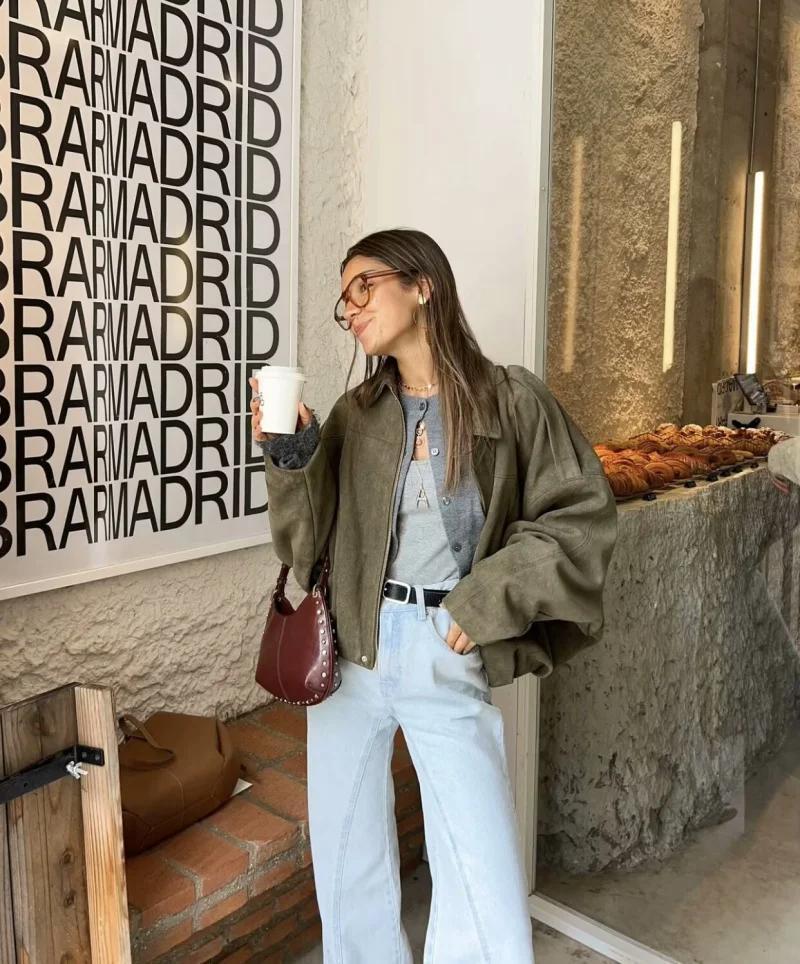 2026 Spring New Women's Suede Texture Effect Loose Fit Fashion Lapel Shoulder Bomber Jacket in Olive Brown & Burgundy