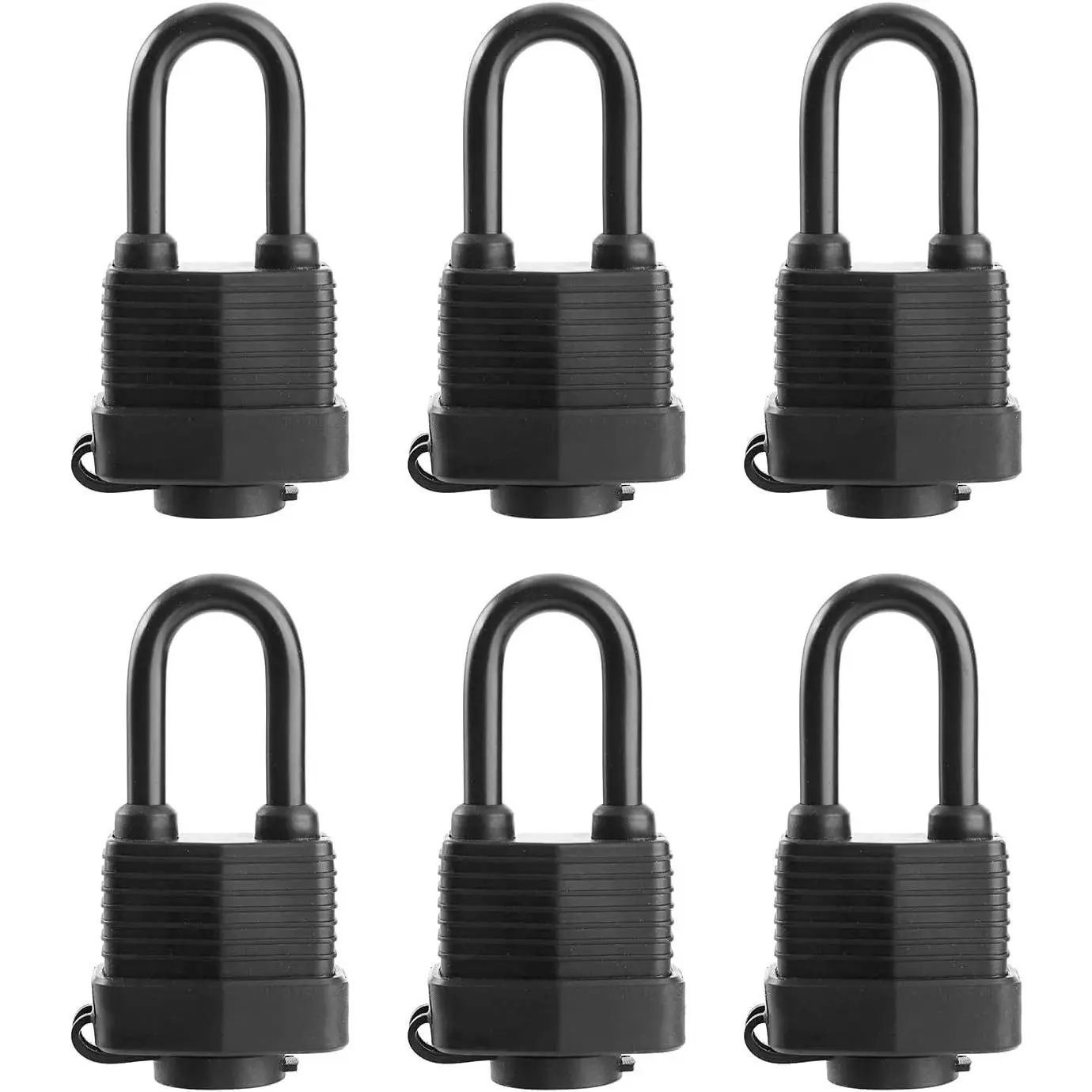 Waterproof Padlocks Keyed Alike for Outdoor use, Covered Heavy Duty Laminated Steel Lock, 1-9/16 Inch. Wide, Long Padlock, Pack of 6