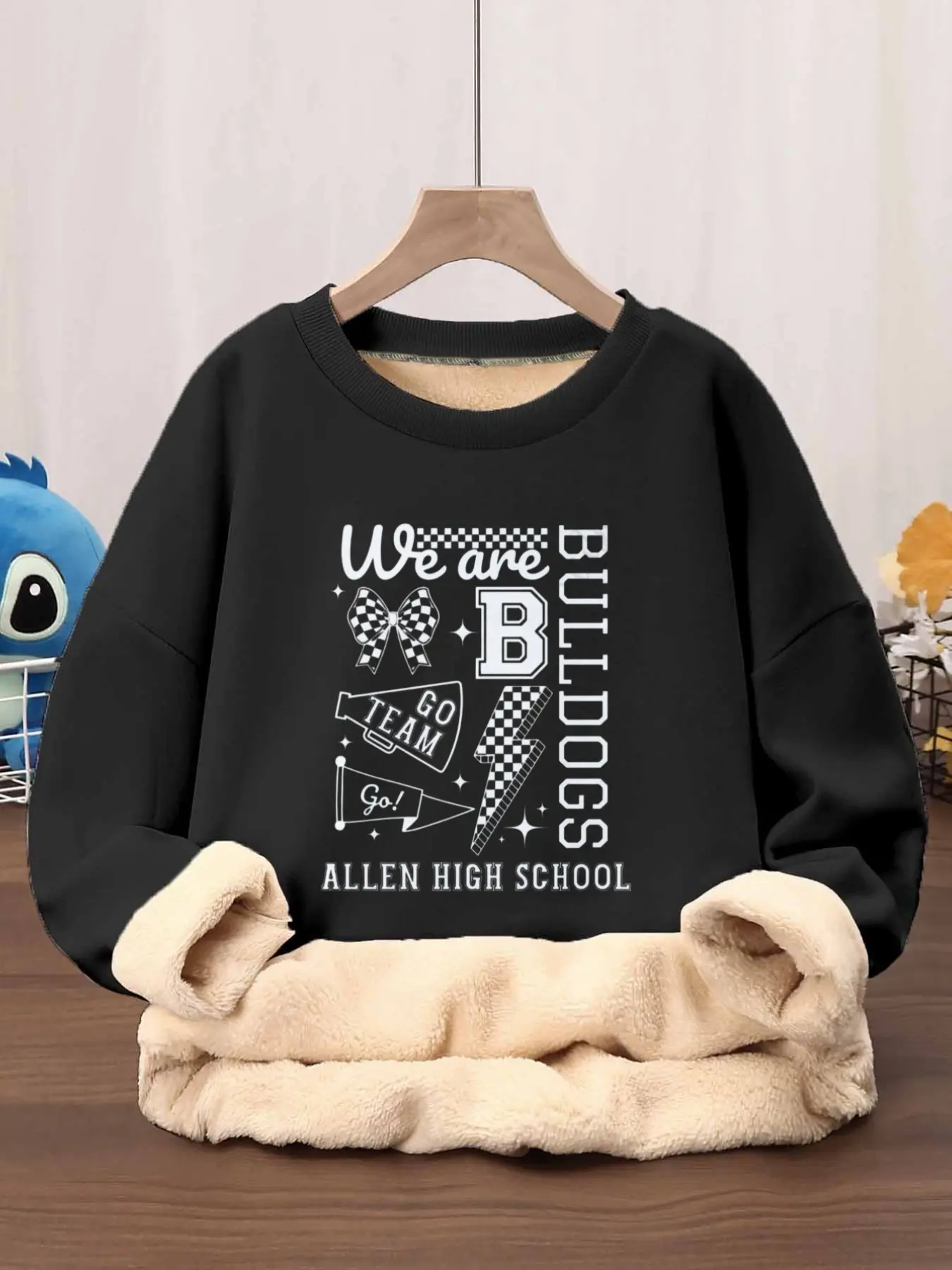 Allen High School Bulldog Cheerleading Print Crew Neck Sweatshirt, American Campus Style, Thickened Fleece, Men's Casual Wear