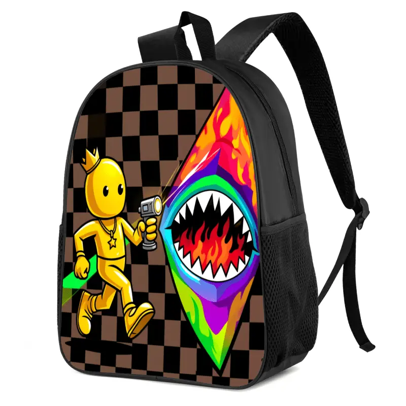 Backpack featuring a cartoon shark doodle print and trendy, distinctive checkerboard pattern; lightweight with large capacity—suitable for school, work, travel, and casual or professional use; includes laptop compartment; highly functional with a durable