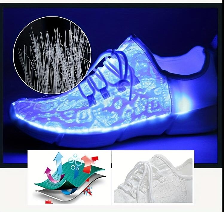 Men's and women's fashionable sports shoes with colorful flashing lights, rechargeable and breathable, suitable for parties, outdoor sports, weddings and daily wear, casual shoes, lace-up style, modern shoes colorful shoelace
