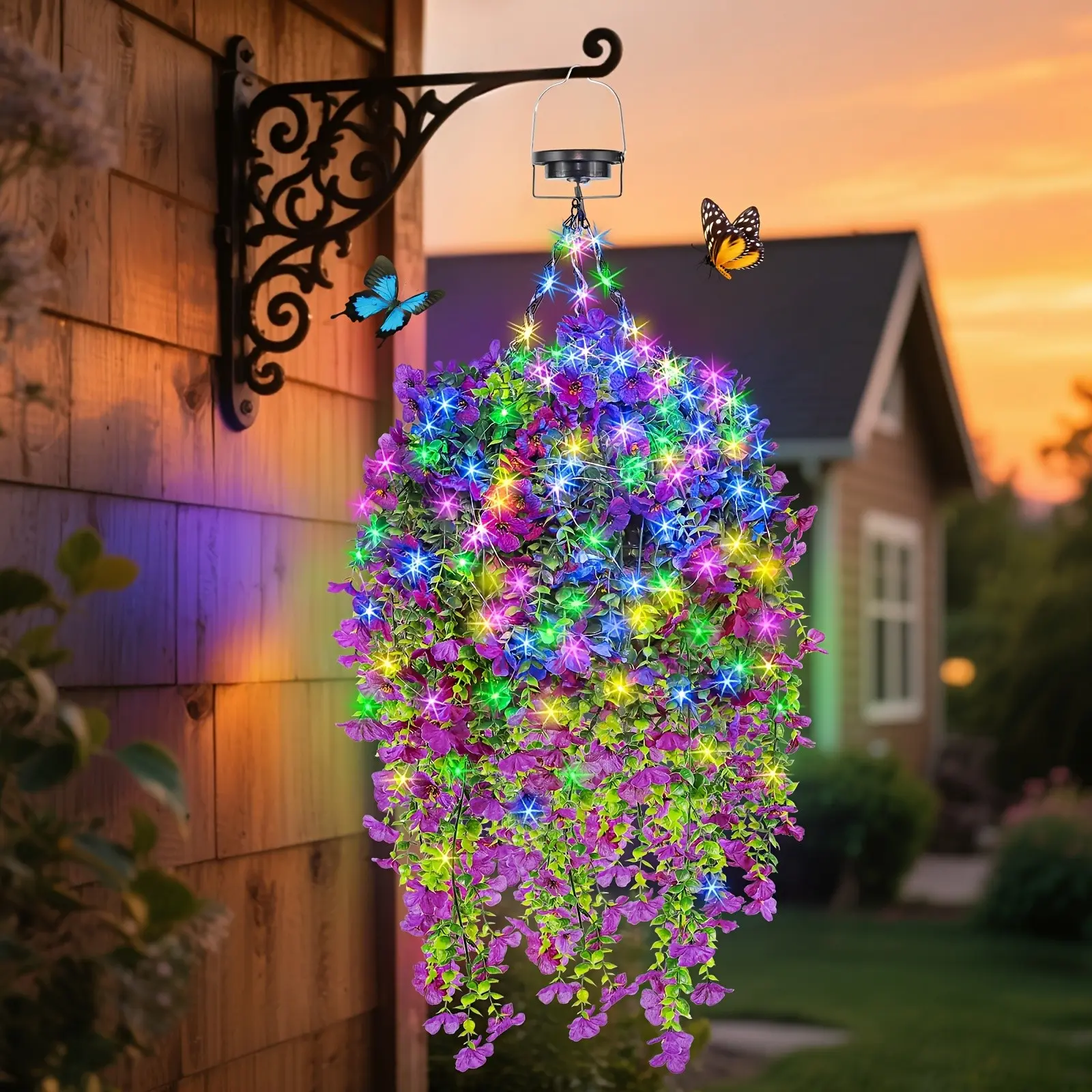 Solar Hanging Flower Basket Lights Outdoor Solar Powered RGB LED Garden Lights Artificial Flower Basket Lamp Waterproof Hanging Patio Balcony Porch Wedding Party Decoration