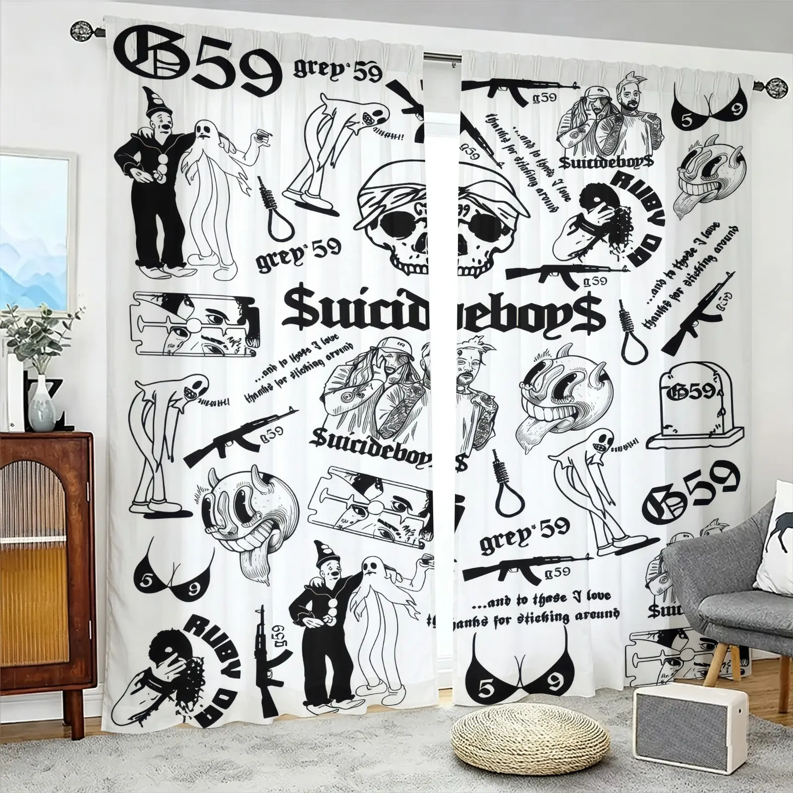 White Base G59 Hip-Hop Style American Graffiti Decorative Curtains-Two-Piece Rod Pocket Design Easy Installation-Privacy Blocking Noise Reduction Drapes-Music Fan Bedroom/Gaming Room/Boys' Dorm Decor