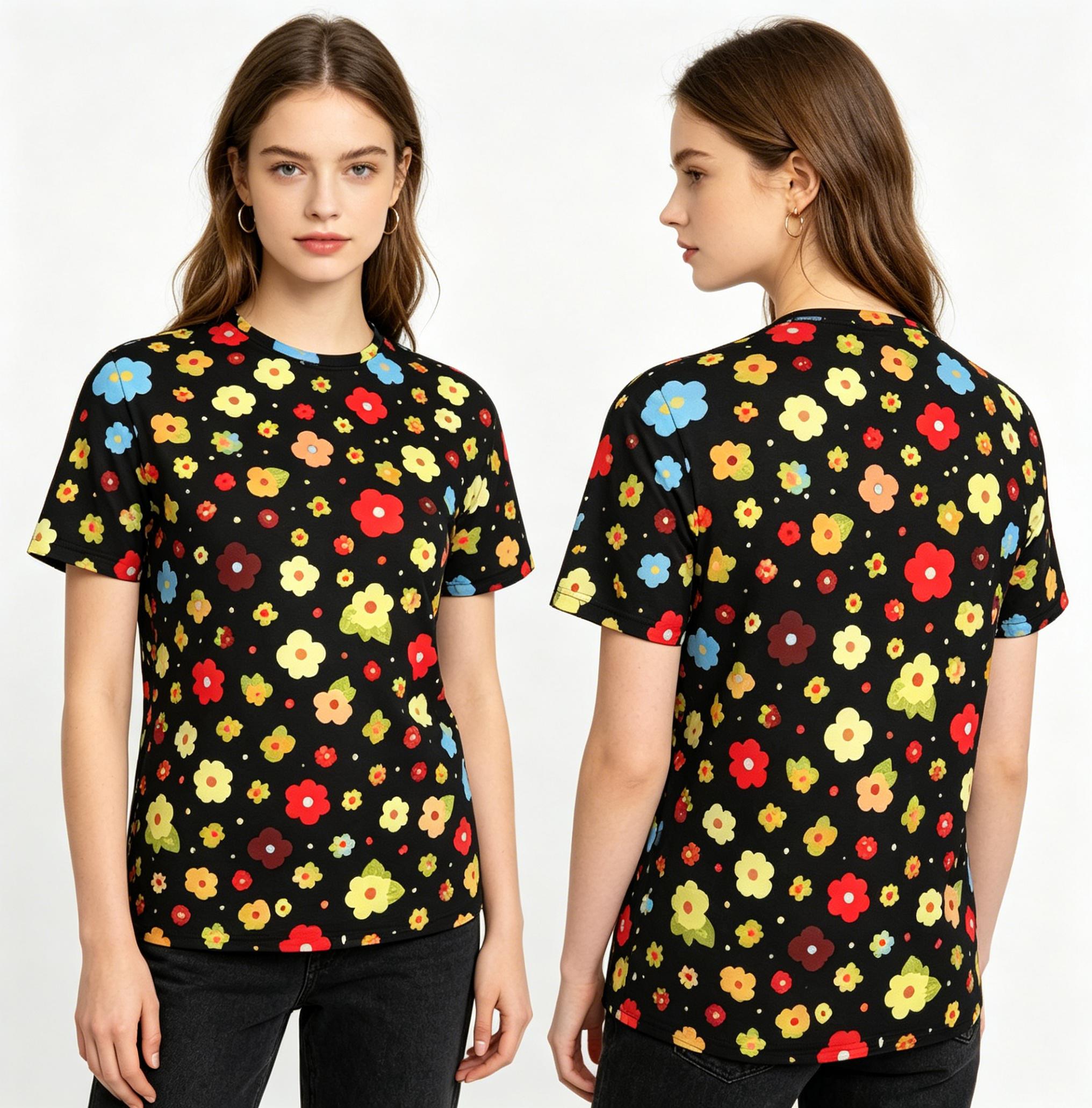 Colorful Floral Retro Cartoon Summer Full-Print Short-Sleeve 3D Printed T-Shirt, Unisex Outdoor Comfortable Top, Party Clothes, Couple Pattern, Gift for Friends