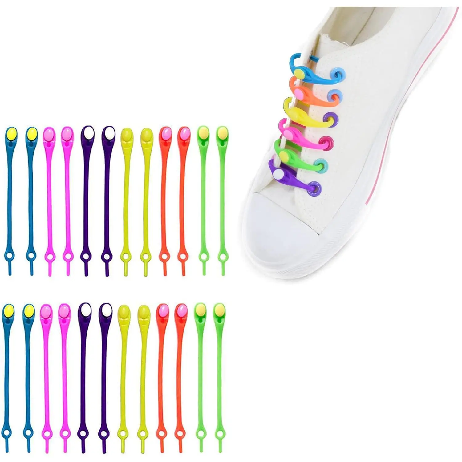 24 pcs Lazy Tying-Free Elastic Shoelaces, Laces Special No Tie Rubber, Kids and Adults, Elastic Shoelaces Sneakers (color)