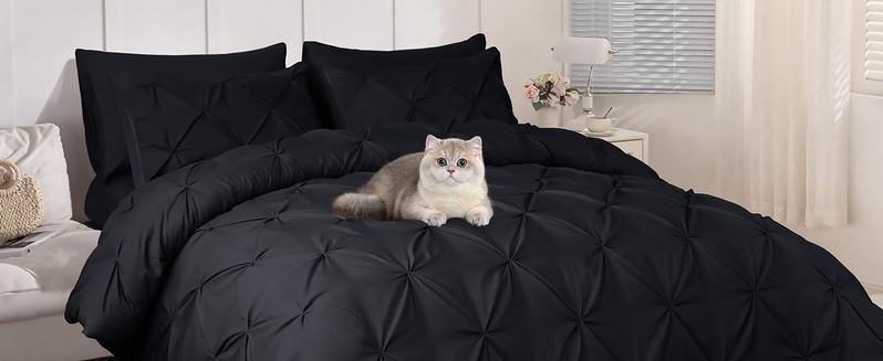 Queen Comforter Set of 7 Pieces-Bed in a Bag for Queen Size, All Season, Pintuck Bedding with Comforter, Flat Sheet, Fitted Sheet, Pillowcases and Shams, Black