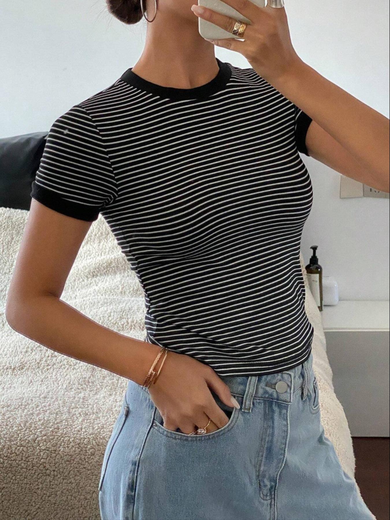 Women's Striped Print Round Neck Tee, Casual Short Sleeve T-shirt, Ladies Summer Clothes for Daily Wear