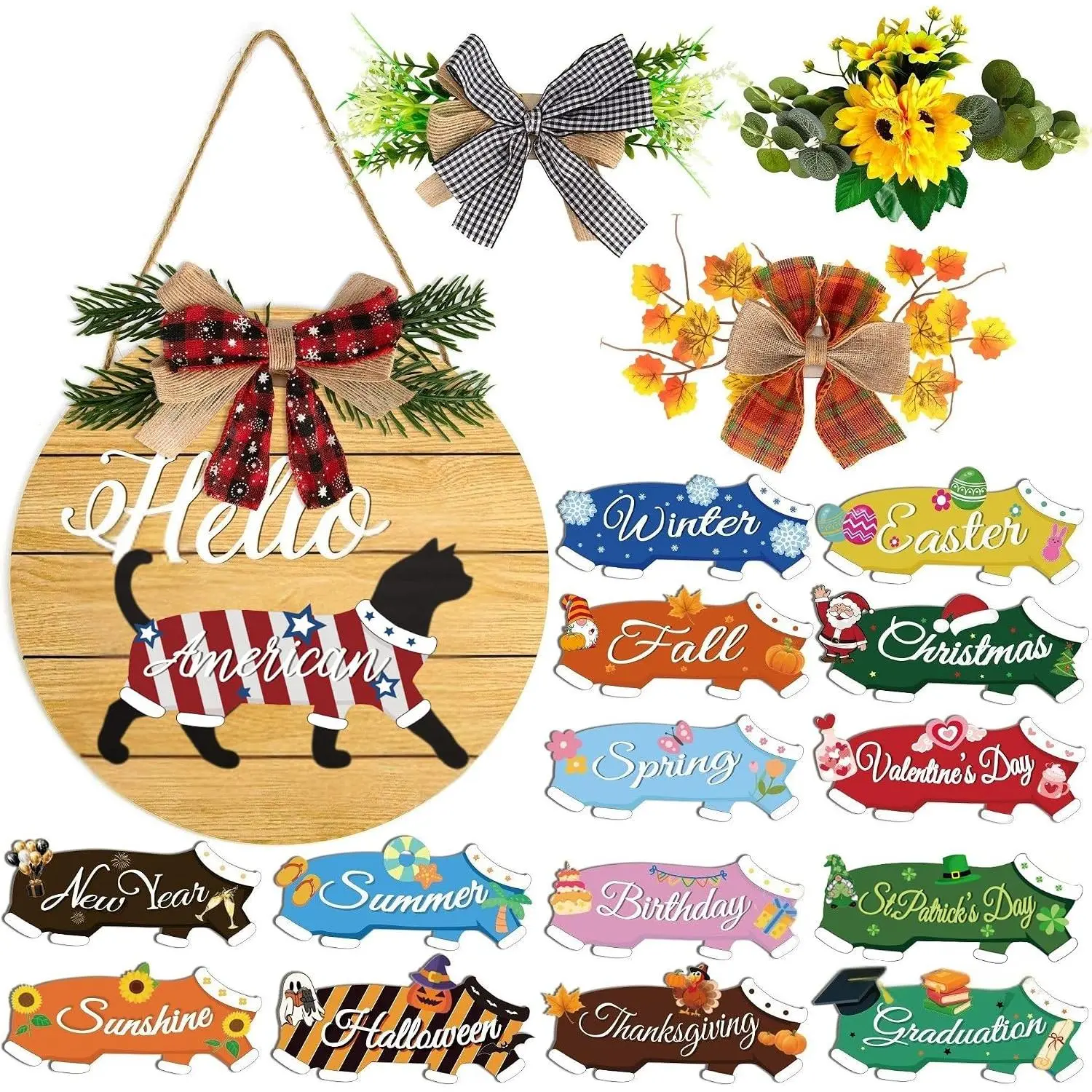 19pcs Interchangeable Welcome Sign Black Cat - Interchangeable Cat Decor Door Hanger, Fit, Seasonal Welcome Cat Wreaths Decoration for Front Door