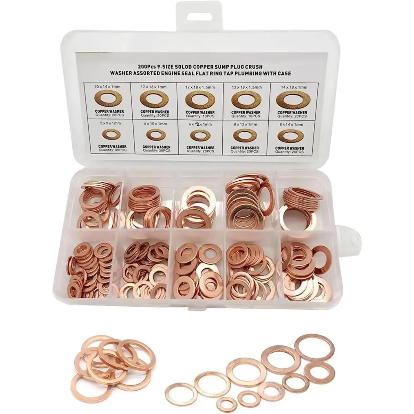 200 count Crush Washer,Copper Washers, Copper Metric Sealing Crush Washers  Kit,9 Sizes Oil Plug Crush Washer .(9 Sizes )