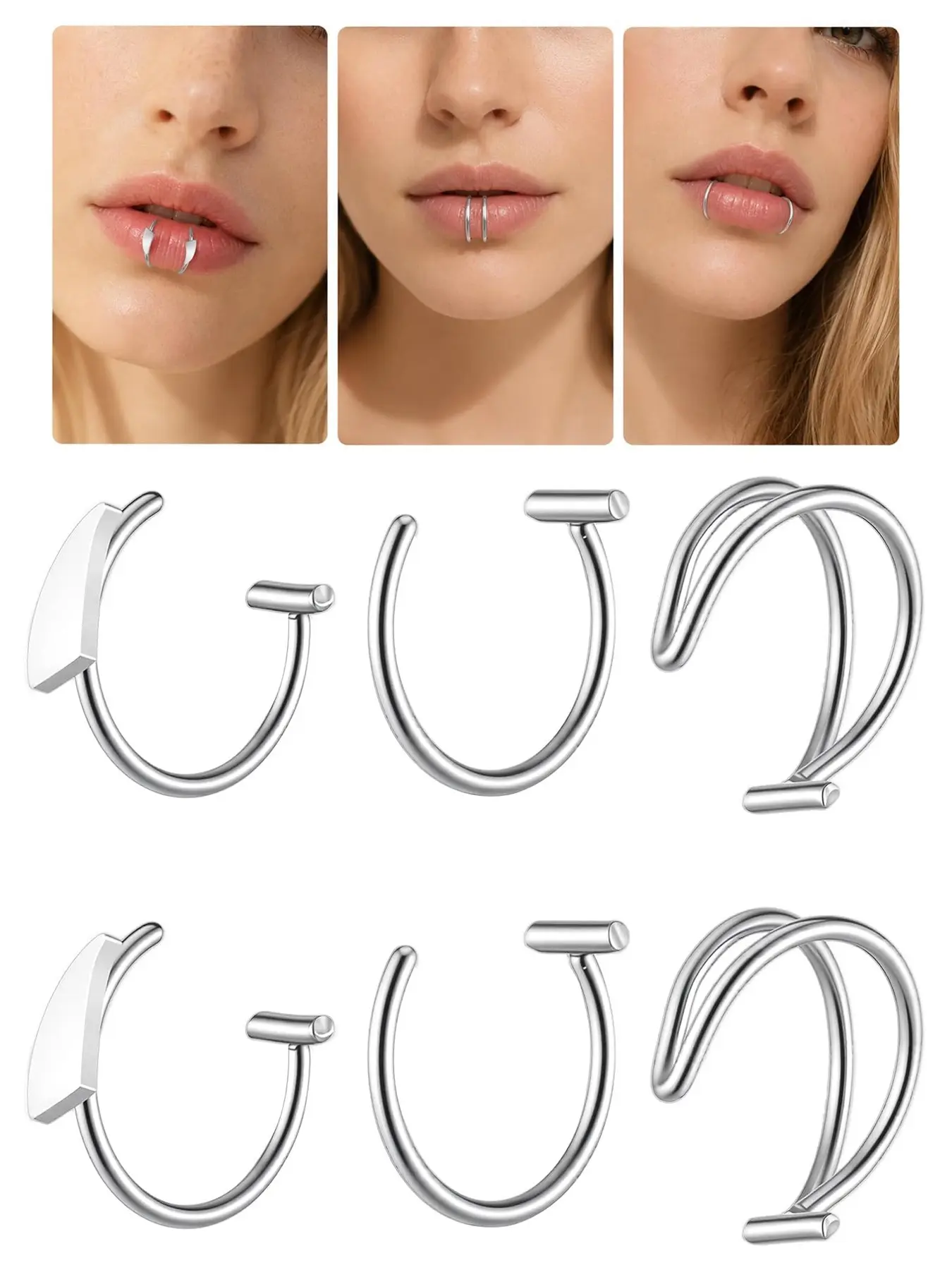 6-Piece Fake Lip Ring Set, Silver Color Stainless Steel Snake Bite Clasp, No Piercing Body Jewelry, Punk Style for Women