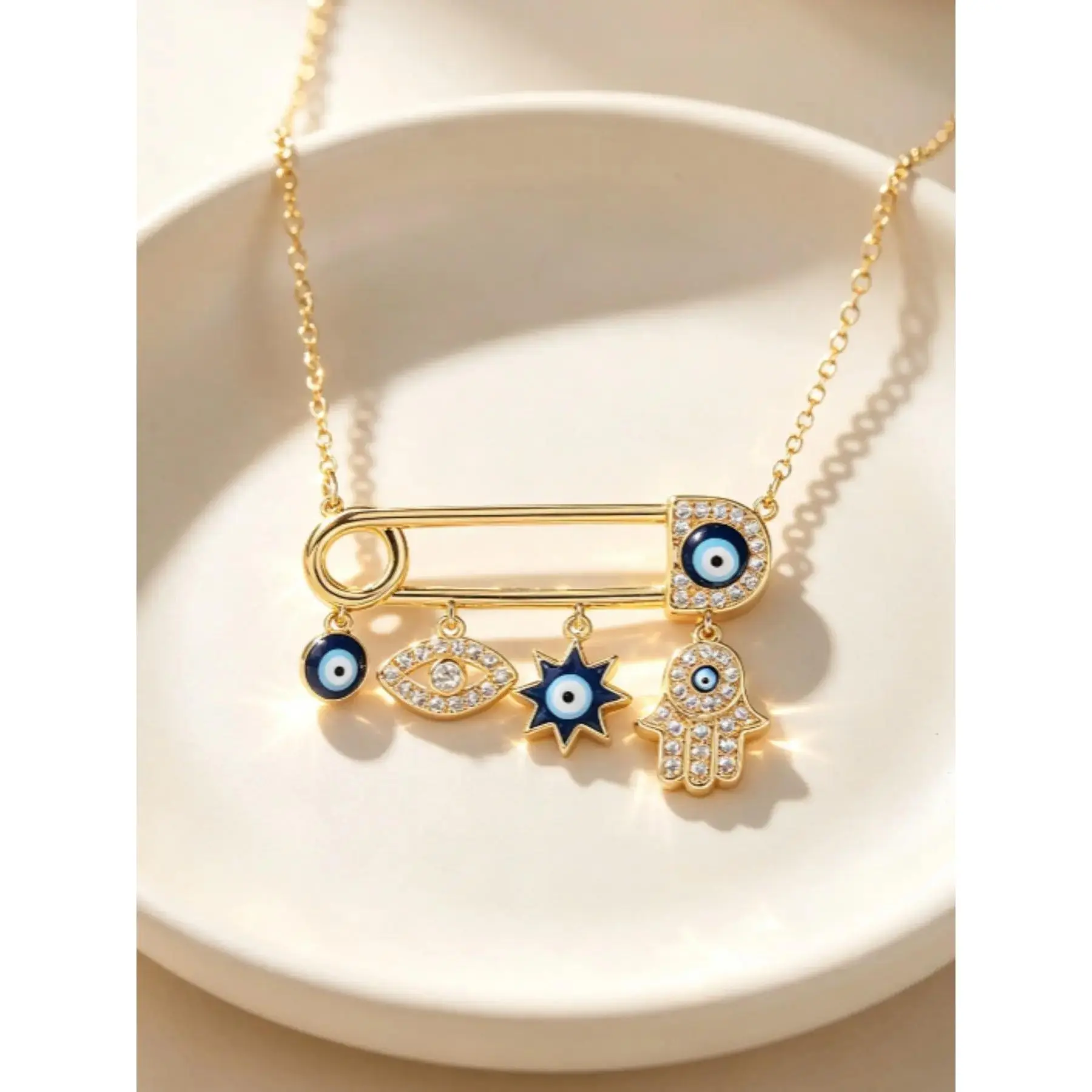 Boho Style Demon Eye Fatima Hand Safety Pin Necklace, Multi Pendant Synthetic Blue Enamel Lucky Charm, Casual All-Season Jewelry, Casual Style Necklaces, Chain Necklace