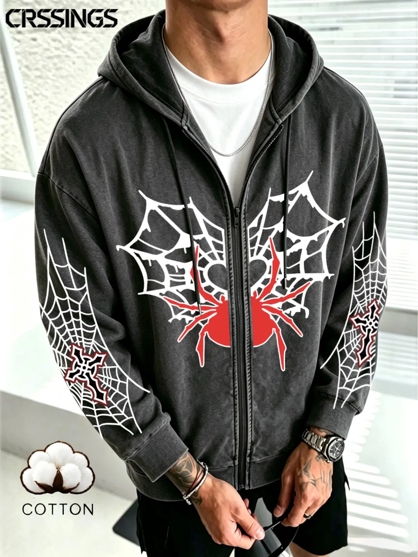 American Dark Gothic Spider Print Hoodie, Cotton Zipper Outerwear, Long Sleeve Street Style, Loose Fit, All Seasons