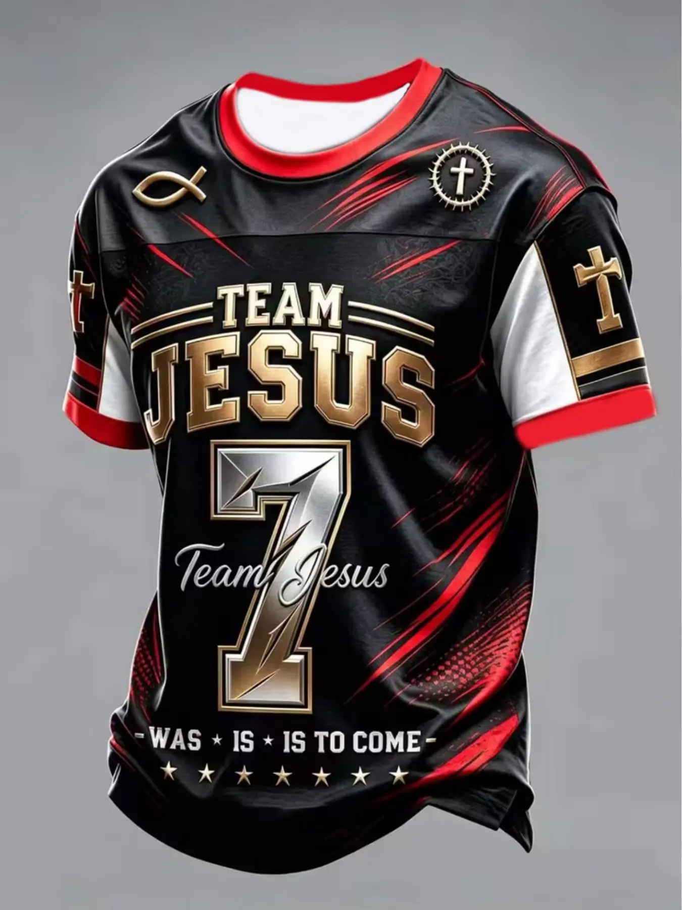 Men's Jesus Army 7 Cross Fish Symbol Thorns Crown Print Baseball Shirt, Round Neck Religious Theme Urban Fashion Streetwear Short Sleeve Top