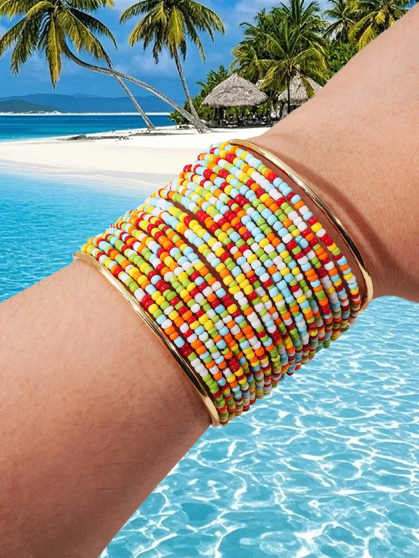 Bohemian Wide Cuff Bracelet with Border, Glass Seed Beads, Summer Vacation Fashion Accessory, Unisex Boho Style