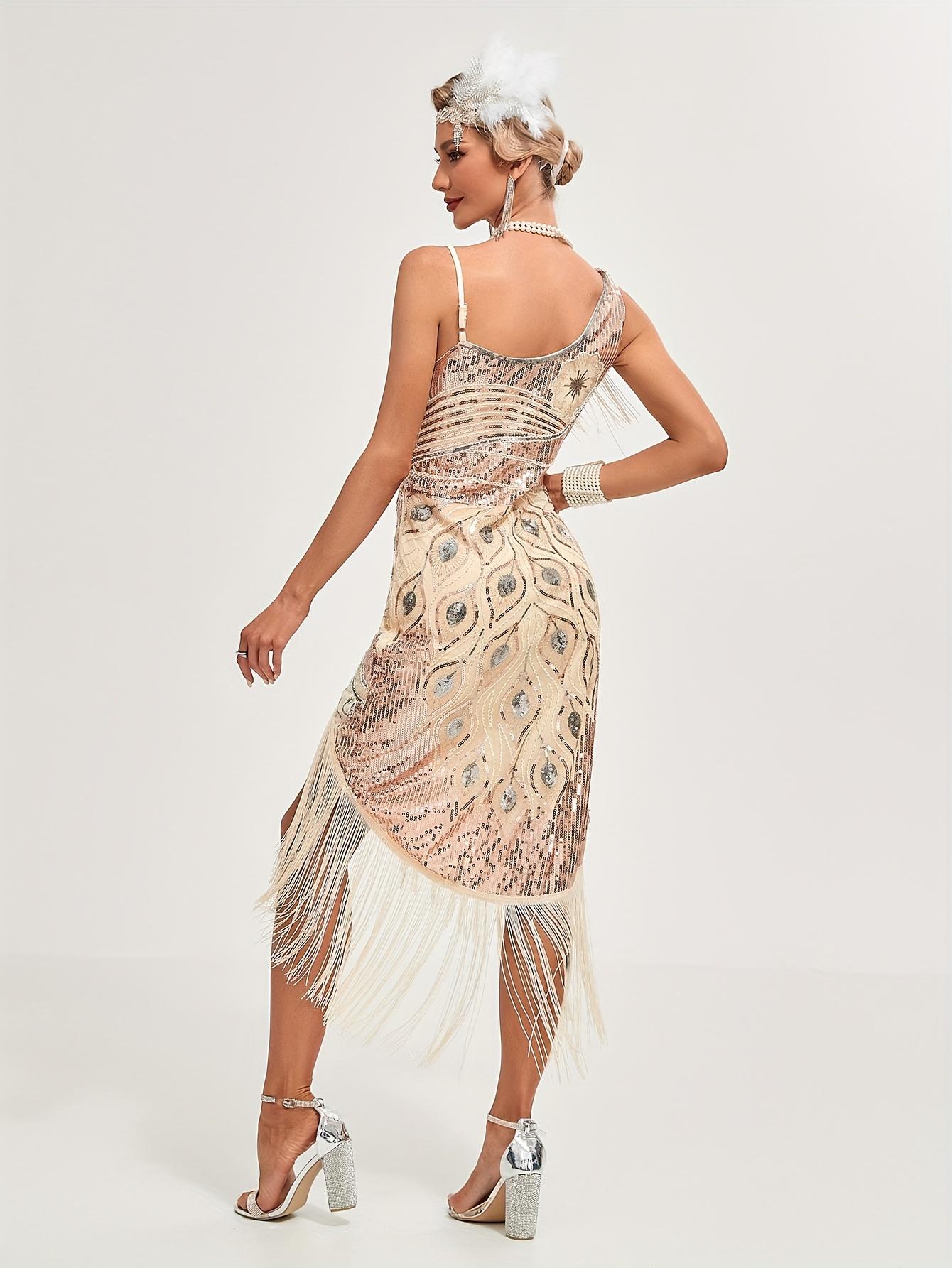 Sequined Fringe Hem Flapper Dress, Vintage Sleeveless Bodycon Dress For Party & Banquet, Women's Clothing