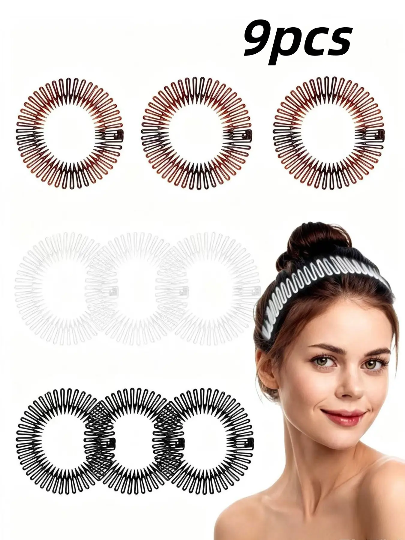 Flexible Comb Headband, 9 Pcs Plastic Circular Stretch Hair Headband with Teeth, Non Slip Comb Headbands for Women Girls, Classic Design Curly Hair Accessory