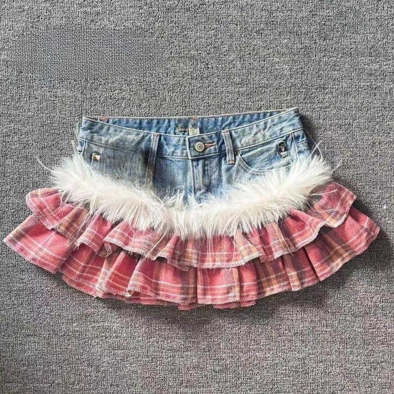 Y2K Gothic Grunge Denim Skirts Women Subculture Retro Punk Print Mini Skirt Vintage Streetwear Fashion Faux Fur Patchwork Skirt Y2K Gothic Grunge Denim Skirts Women Subculture Retro Punk Print Mini Skirt Vintage Streetwear Fashion Faux Fur Patchwork Skirt