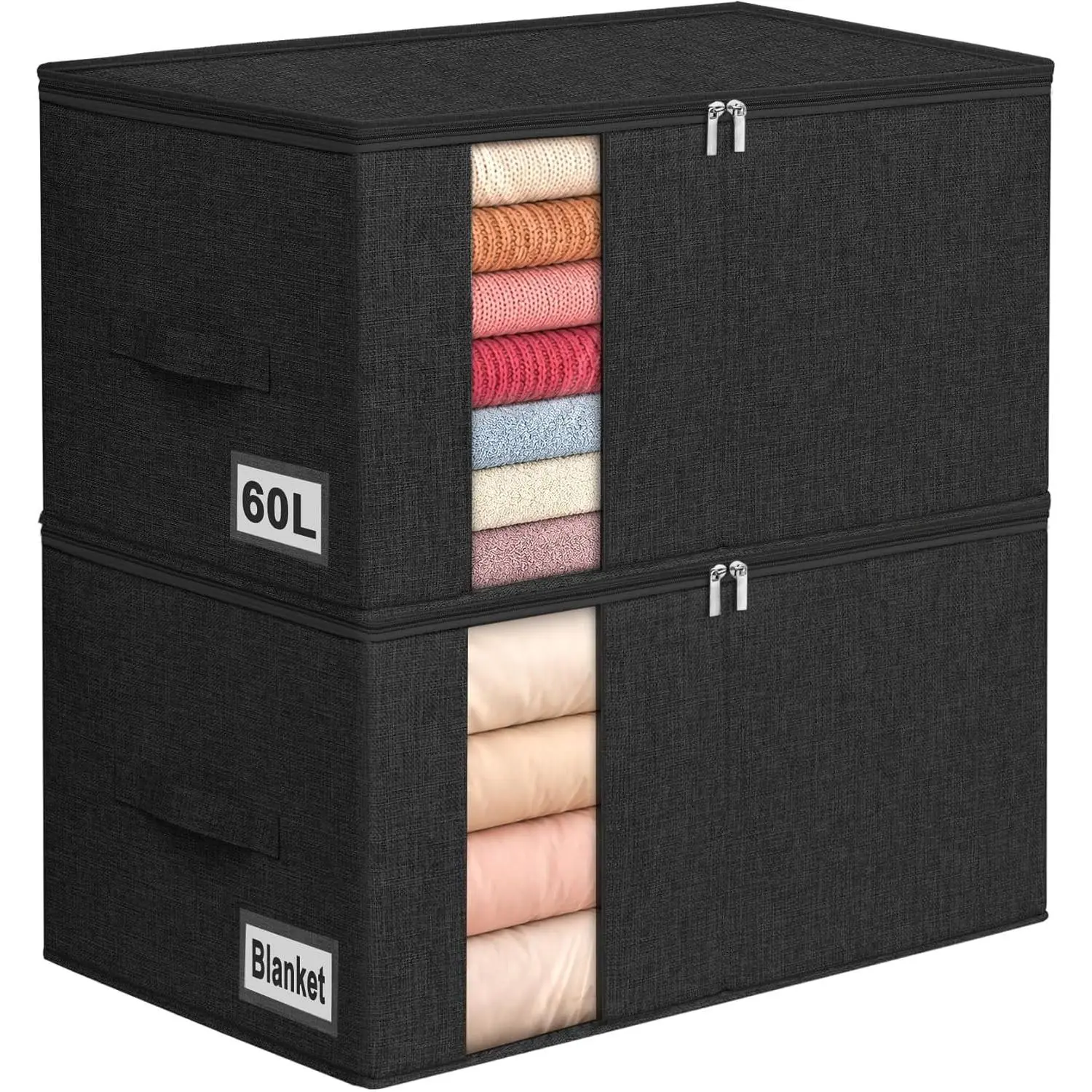 60L Comforter Storage Bag, Sturdy Construction Blanket Storage Bin w/Durable Handles, Foldable Storage Box w/Dual Zippers for Sheets Quilts Sweaters Bedding Sets Pillows, 2 Pack, Black