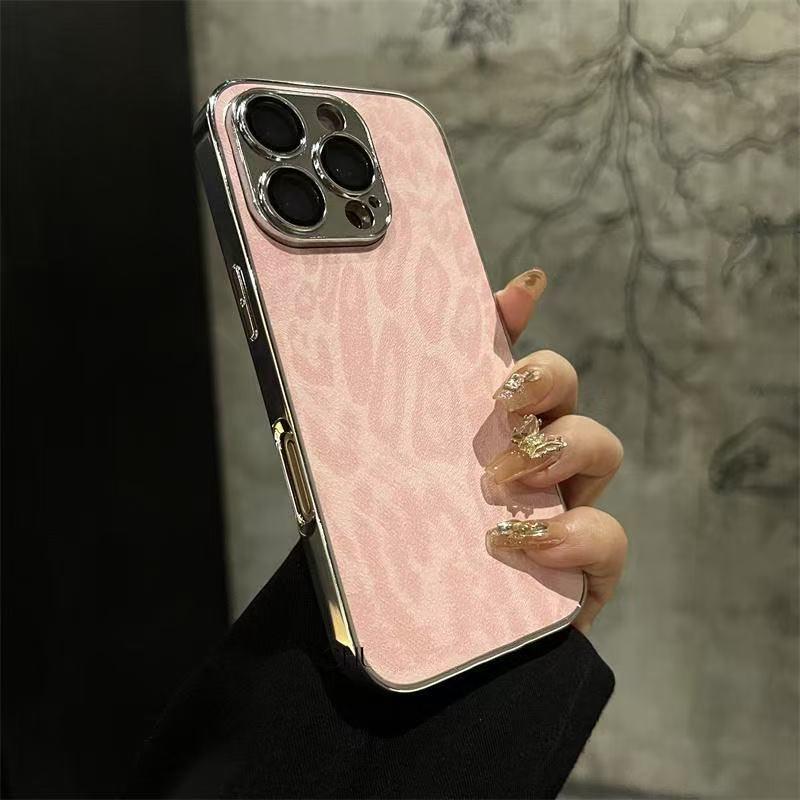 Luxury Plating Leopard Texture Leather Case For iPhone 16 15 14 Plus 13 12 11 Pro Max Lens Protection Shockproof Soft Cover Protective Smartphone