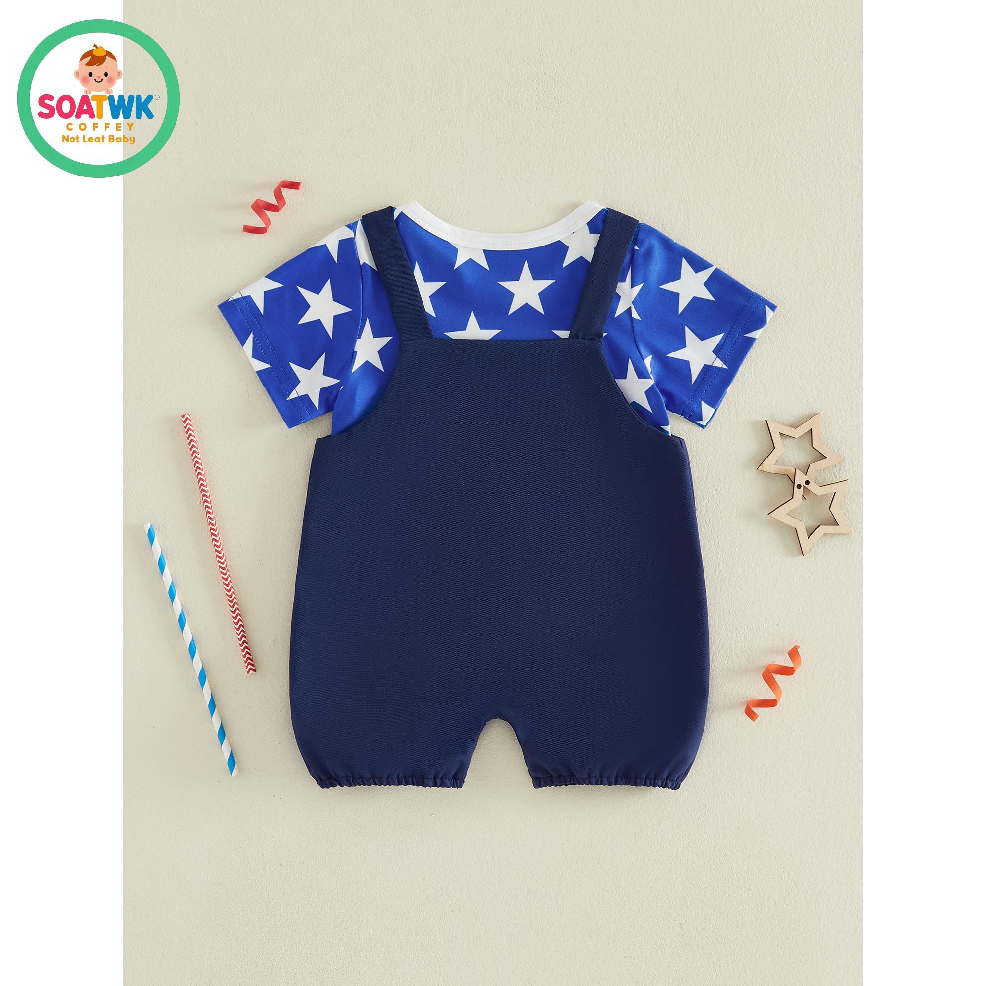 Baby Girls Independence Day Pants Sets Short Sleeve Stars/Stripe Print Tops Suspender Pants Summer Outfits