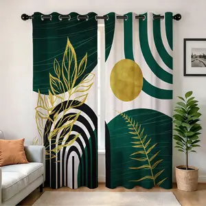 1 Pair Digital Print Semi-Blackout Pair Curtain, Premium Golden Plant Wave Print,250gsm Privacy Punch Hole Curtain, Cold Machine Wash No Deform, Bedroom Balcony B&B Decor