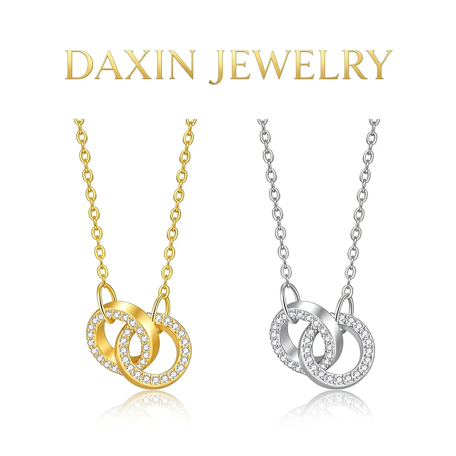 DAXIN JEWELRY Women's Interlocking Double Circle CZ Chain Necklace - 2 Gold & Silver Plated S925 Sterling Silver 925 Necklaces, Hypoallergenic Pendant for Anniversary, Birthday Gifts, Cz Chain Necklaces