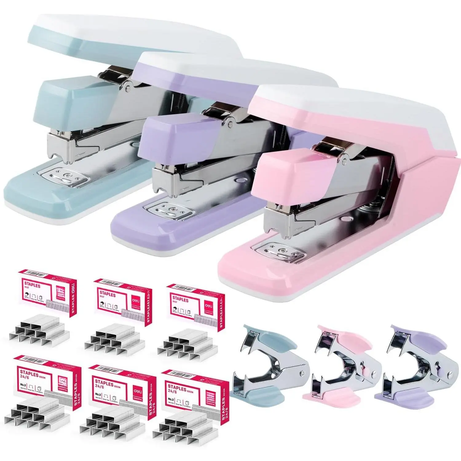 Stapler, Effortless Staplers for Desk, 40-50 Sheet Capacity Heavy Duty,  , No Effort, Easy to Load, with 1500  & Staple Remover, 3 Pack, 3 Colors