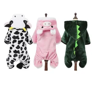 Cute Animal Print Pet Jumpsuit Pajama - Dinosaur, Cow, Pig Designs, Coral Fleece Winter Warm Overalls for Small Dogs & Cats (Yorkies, Poodles)
