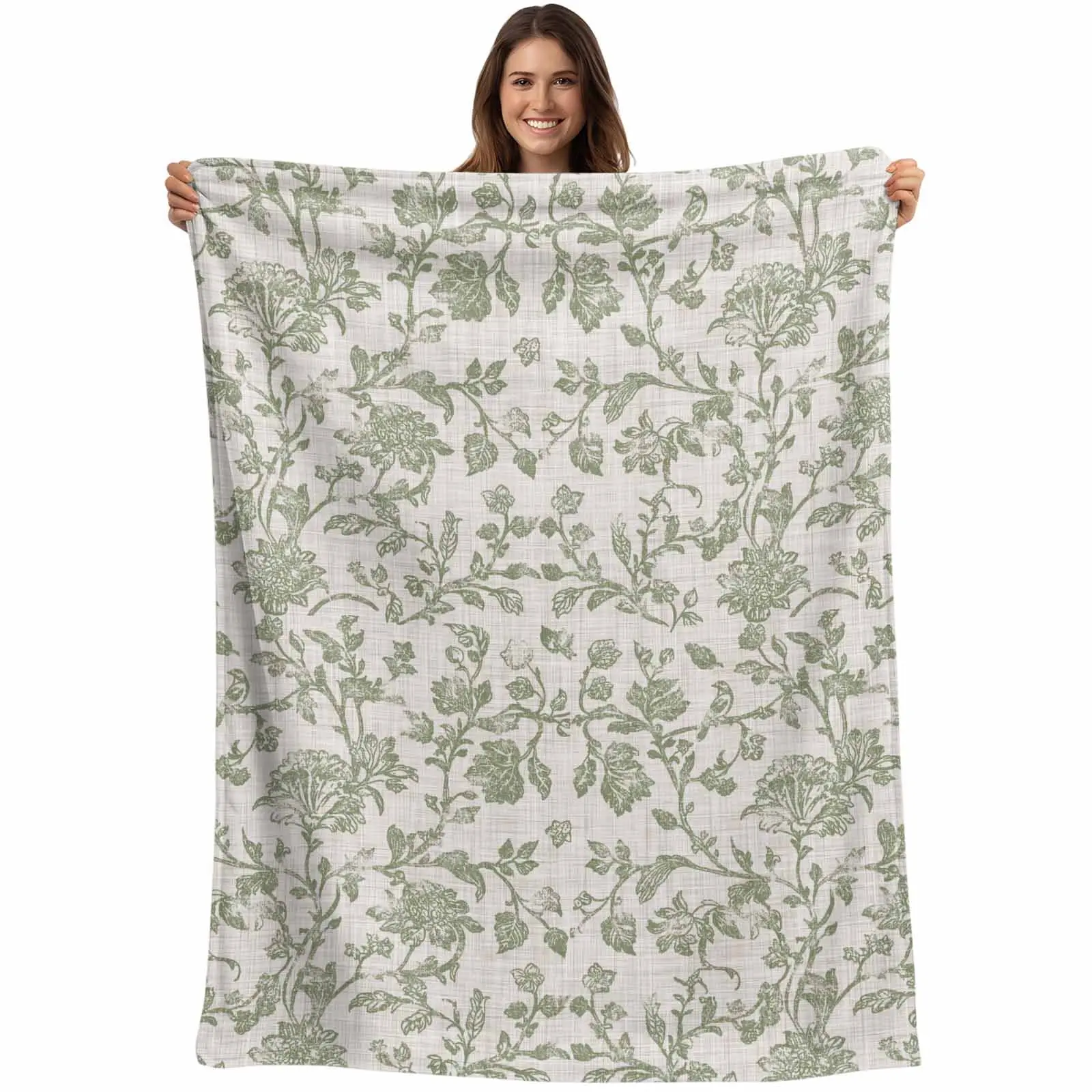 Farmhouse Sage Green Blanket Soft Cozy Warm Throw Blanket for Couch, Plush Fuzzy Flannel Fleece Blankets for Sofa, Vintage Flower Leaf Botanical Bed Blankets Lightweight Gifts for Women, 30"x40"