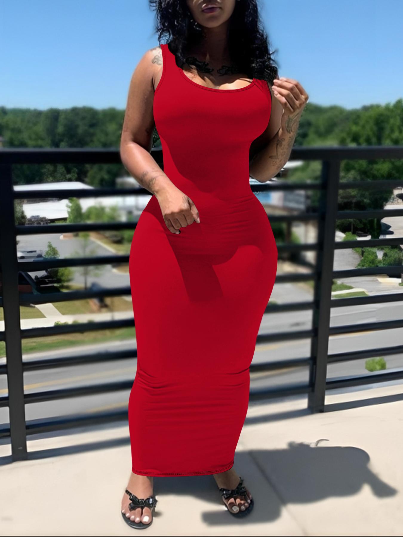 Women's All Over Print U Neck Bodycon Dress, Casual Sleeveless Long Dress for Summer, Ladies Clothes for Daily Wear