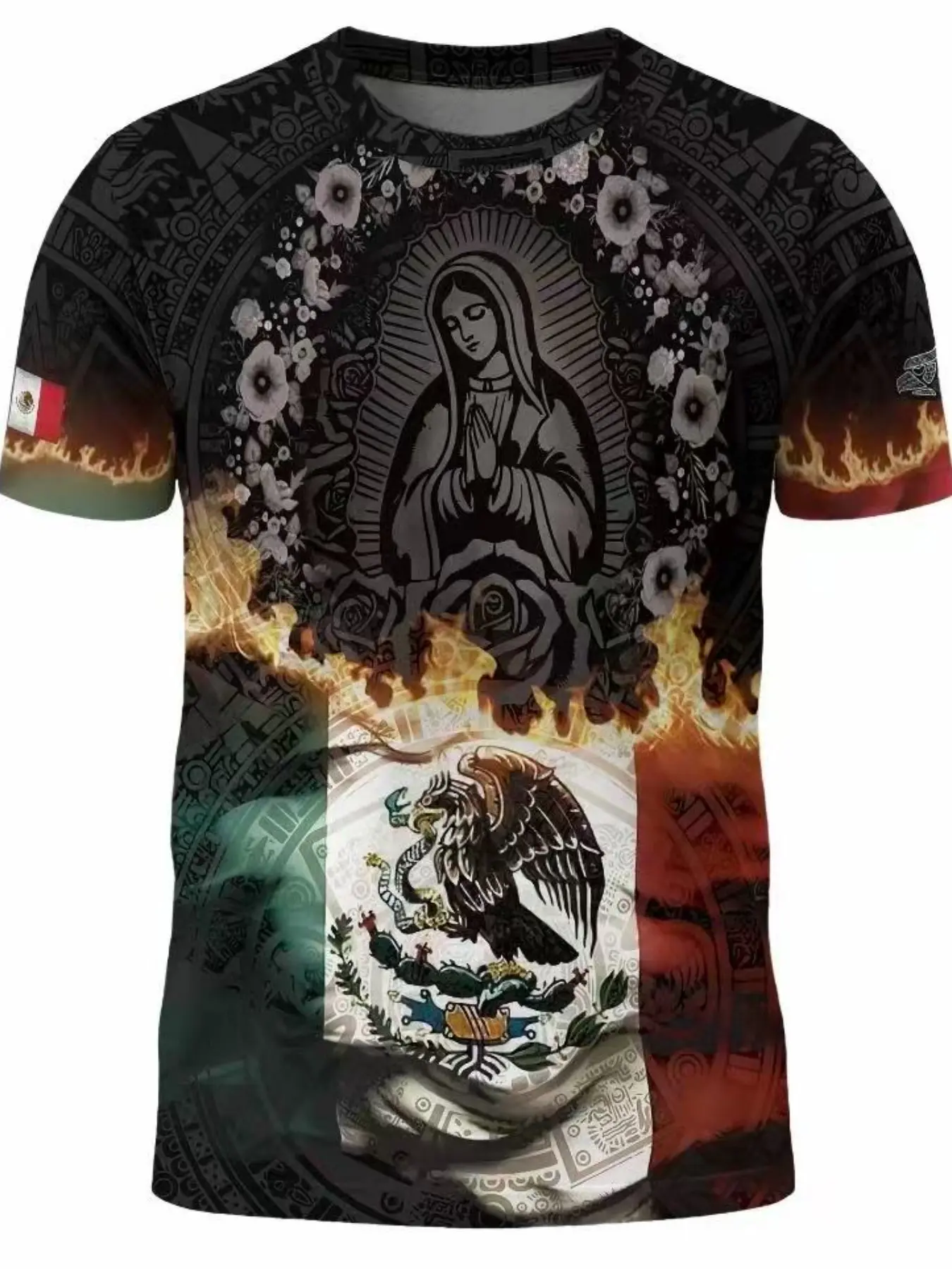 Guadalupe Flame Madonna Mexican Flag Aztec Culture Shirt, Men's Wear, Streetwear, Fitted Casual Style, Four Seasons Printed Design, Unique Ethnic Pattern Shirt Top, Bold T-shirt Men's Fashion, Casual Fashion Clothing
