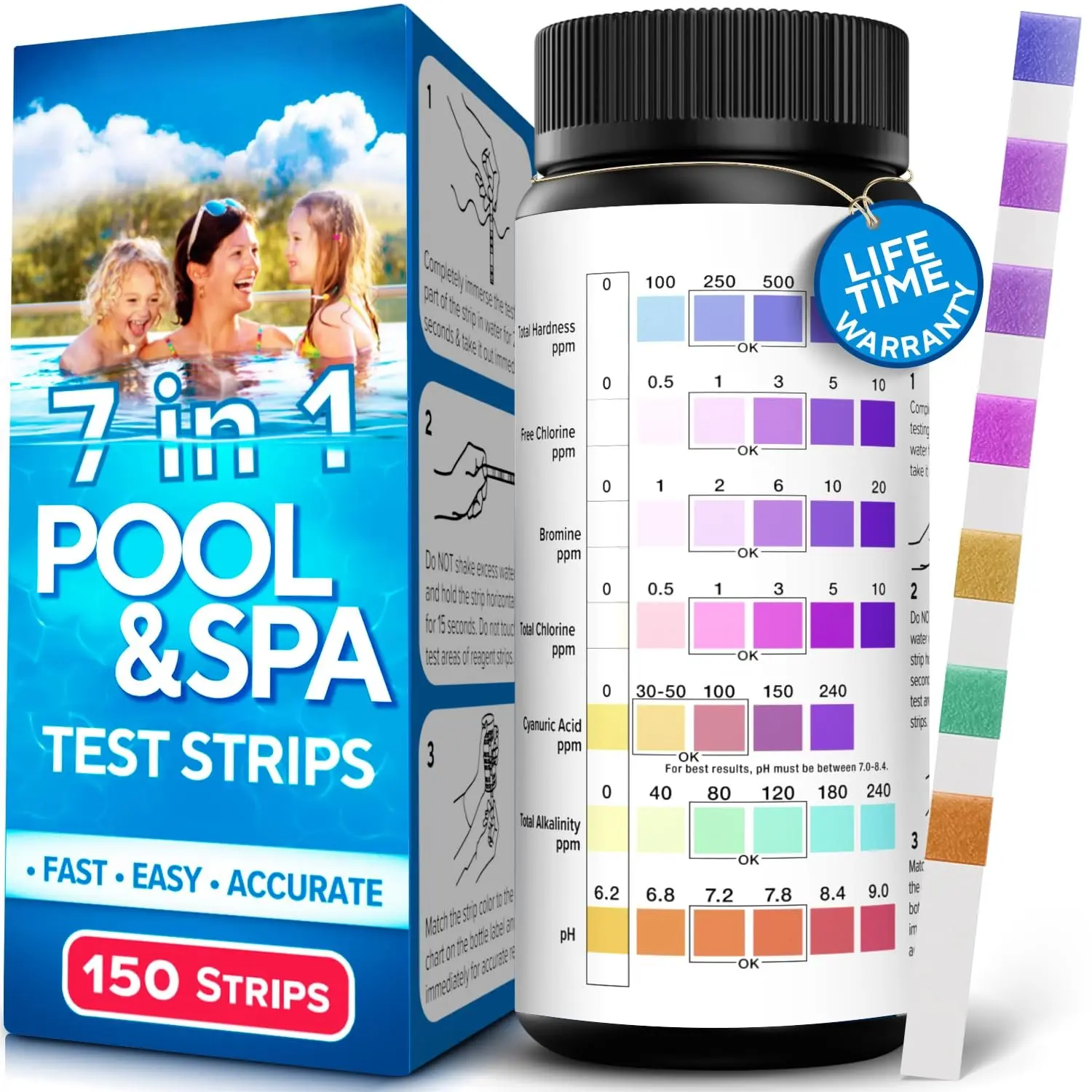 7-in-1 Accurate Pool Test Strips - 150 Hot Tub  Test Strips - Quick Pool Water Testing Kit - Bromine, pH, Hardness, Alkalinity, Chlorine & Cyanuric Acid -  for Any Pools, , Hot tubs