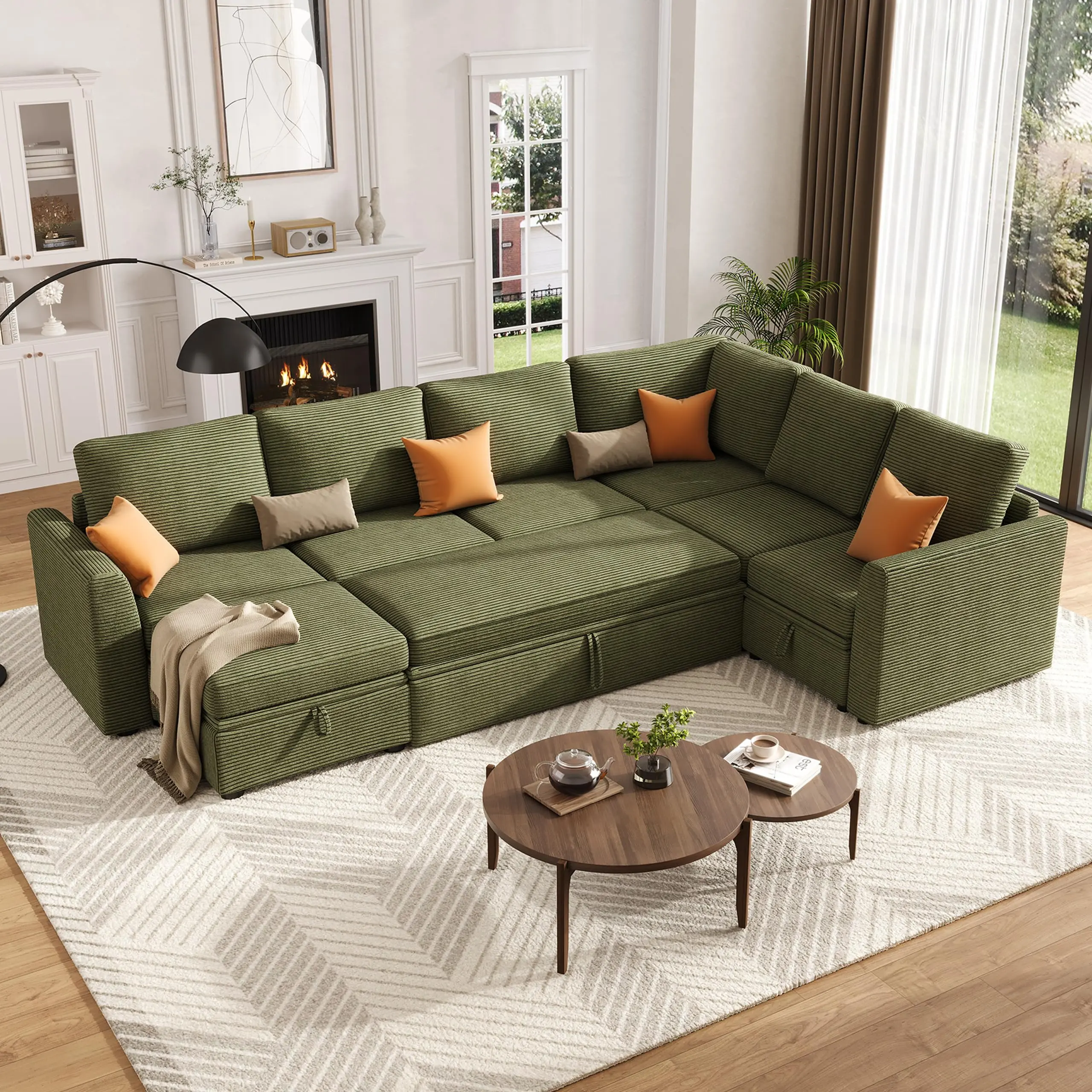 GAOMON Corduroy U-Shaped 7-Seat Modular Sectional Sleeper Sofa with Pull-Out Bed, Storage Seat & Ottoman, Convertible Couch for Living Room