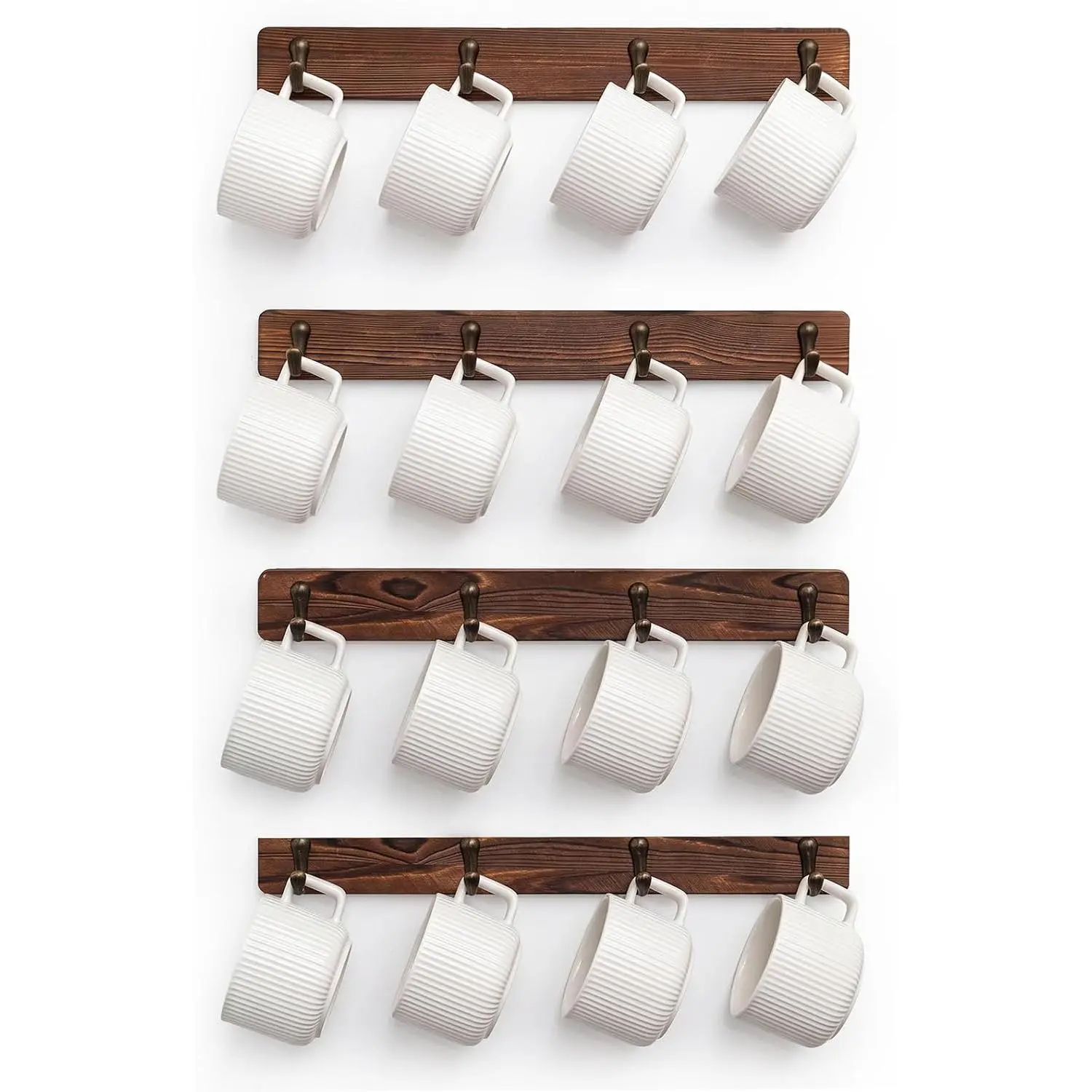 4 Pack Coffee Mug Holder Wall Mounted, Rustic  Wall Mounted Mug Rack with 16 Hooks for Kitchen,  Coffee Bar, Cup and Utensil Organizer for