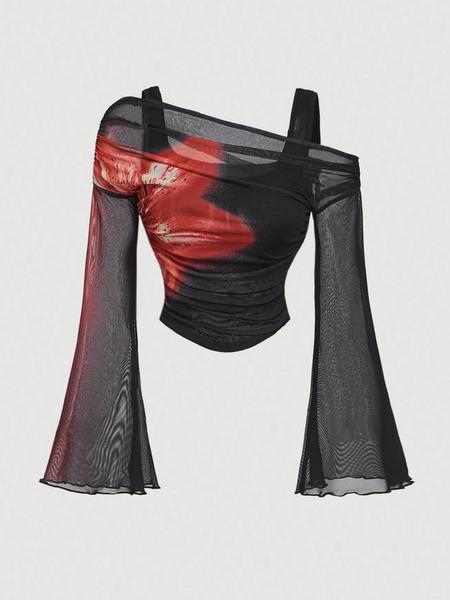 Valentine's Day Women's Long Sleeve T-Shirt, Asymmetrical Shoulder Design Slim Fit Casual Top, Fall & Winter Fashion, Moderate Fabric, Comfortable Wear