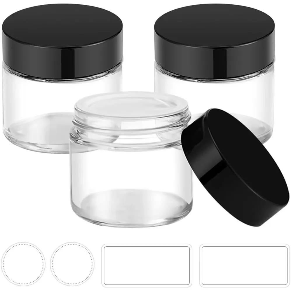Small Glass Jars with ,  3 Pack 2 oz Clear Jars with Black  | 60 ml Empty Small Glass Containers with , Blank Labels & Inner Liners for Sample, , Cream, Lotion,