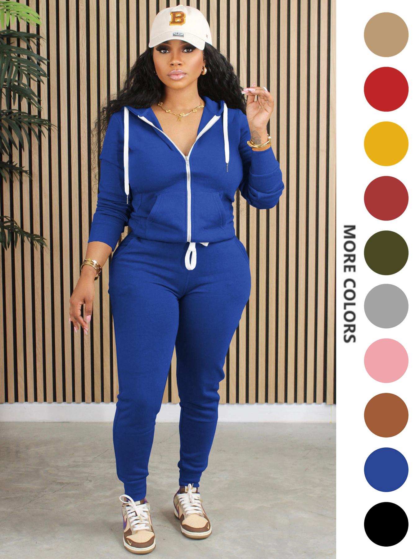 Two-Piece Set Women's Solid Zip Up Fitted Hoodie & Drawstring Waist Pants, Casual Long Sleeve Hooded Sweatshirt & Pocket Trousers for Spring & Fall, Women's Clothes for Daily Wear, Casual Fashion Set