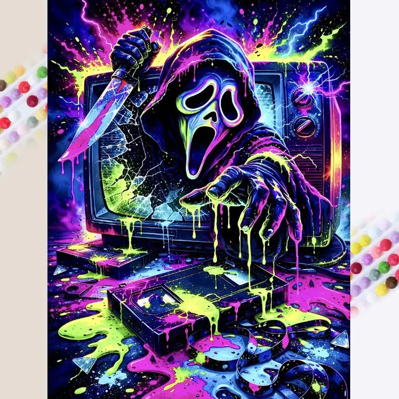 1Pcs, 5D-DIY Diamond Painting Kit, Diamond Art, Scream Mask, Knife, TV Mosaic Art, Full Drill, Round Diamonds, Dot Art Kit, Crafts, Decorative Painting, Halloween, Perfect for Home Decoration and Creative Gifts