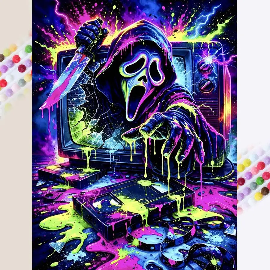 1Pcs, 5D-DIY Diamond Painting Kit, Diamond Art, Scream Mask, Knife, TV Mosaic Art, Full Drill, Round Diamonds, Dot Art Kit, Decorative Painting, Perfect for Home Decoration and Creative Gifts