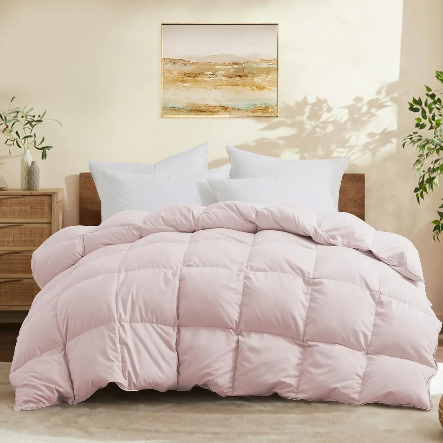 Queen Size Down Comforter All Season Ultra Soft Goose Down & Feather Fiber Fill, Luxury Hotel Pink Duvet Insert with Corner Tabs (88" X 88")