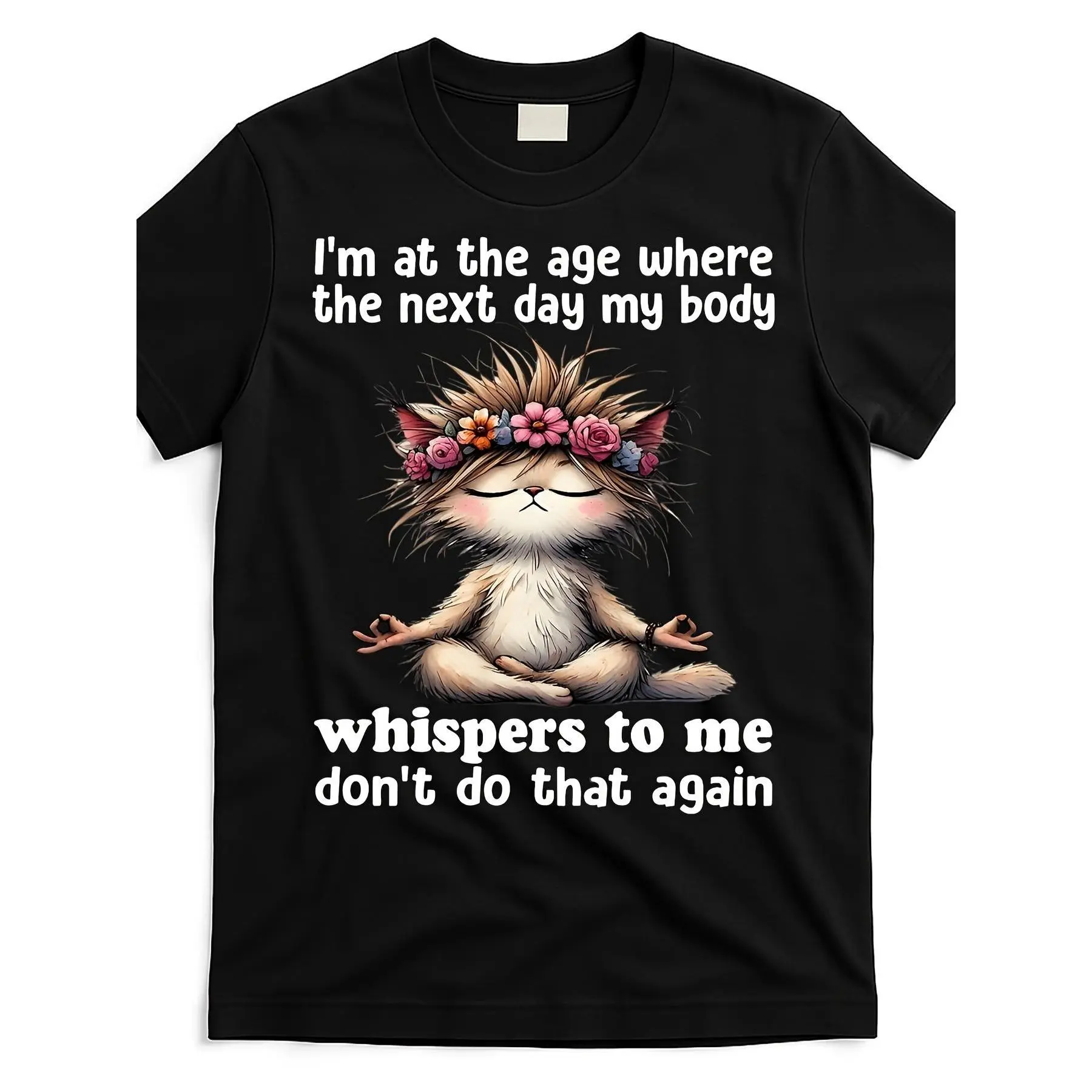 Men's Humorous Graphic T-Shirt - "I'm at the Age of Body Whispers" Slogan with Meditation Cat Design, Moisture-Wicking Fabric, All-Season Comfort, Regular Fit Crew Neck Sports Casual Wear, Machine Washable Top