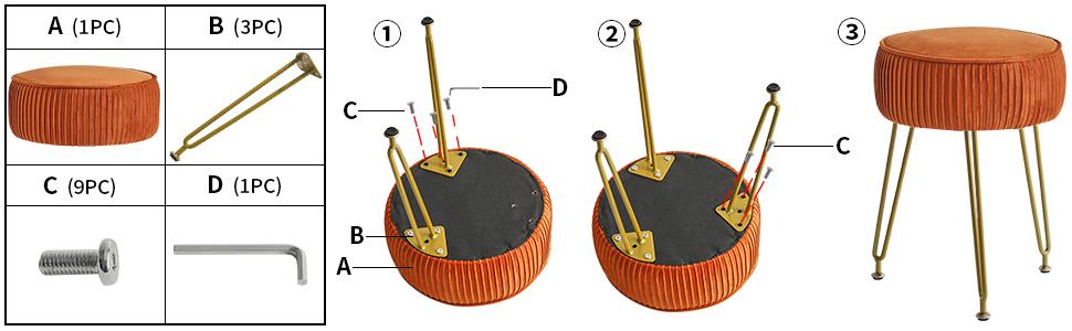Velvet Round Footrest Stool Ottoman, Makeup Vanity Stool Side Table, Velvet Dressing Table Seat, Pouf Couch Stool, Golden Steel Legs, Orange Velvet Round Footrest Stool Ottoman, Makeup Vanity Stool Side Table, Velvet Dressing Table Seat, Pouf Couch Stool, Golden Steel Legs, Orange