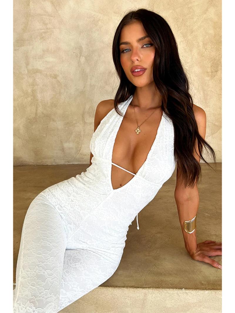 Women's Plain Halter Neck Tie Back Jumpsuit, Casual Sleeveless Backless Jumpsuit for Daily Wear, Ladies Clothes for All Seasons Overalls, Skinny Jumpsuit