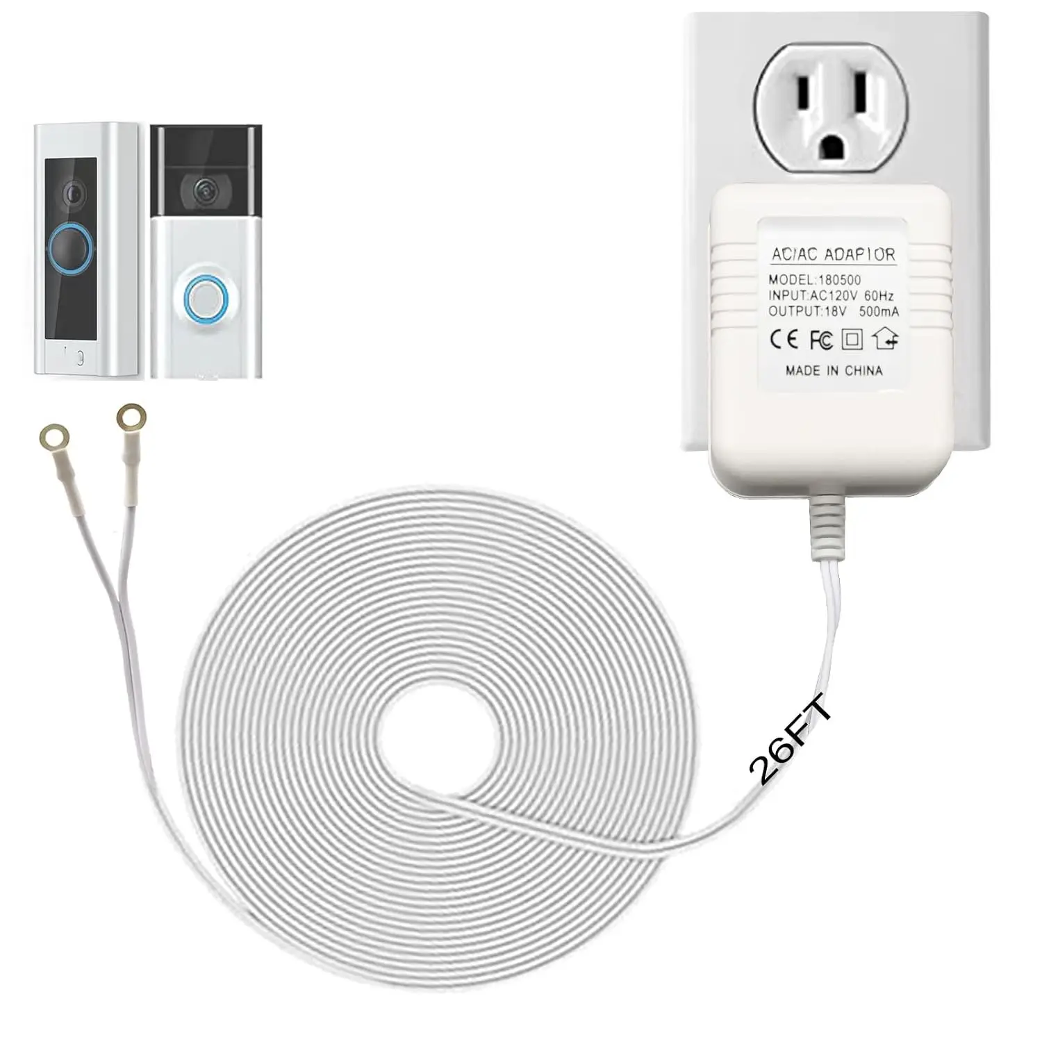 26FT  Cable18V500mA Doorbell Power Adapter for Video Doorbells, Ring Video Doorbell Pro and Ring Video Doorbell 2, Transformer Compatible with Zmodo  Doorbell and Nest  Doorbell