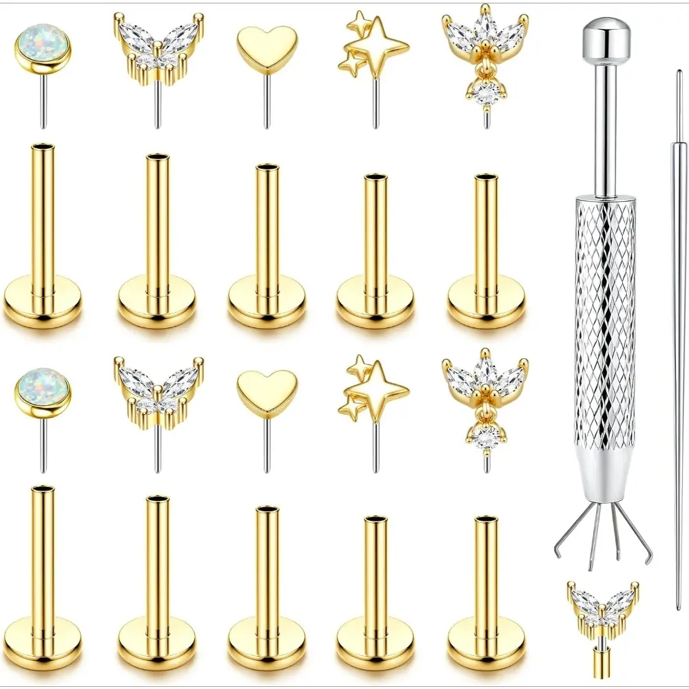 CASSIECA Flat Back Stud Earrings Threadless Push in Nose Studs Stainless Steel Cartilage Earrings for Women Flatback Lip Labret Medusa Conch Helix Tragus Piercing Jewelry 16G/18G/20G