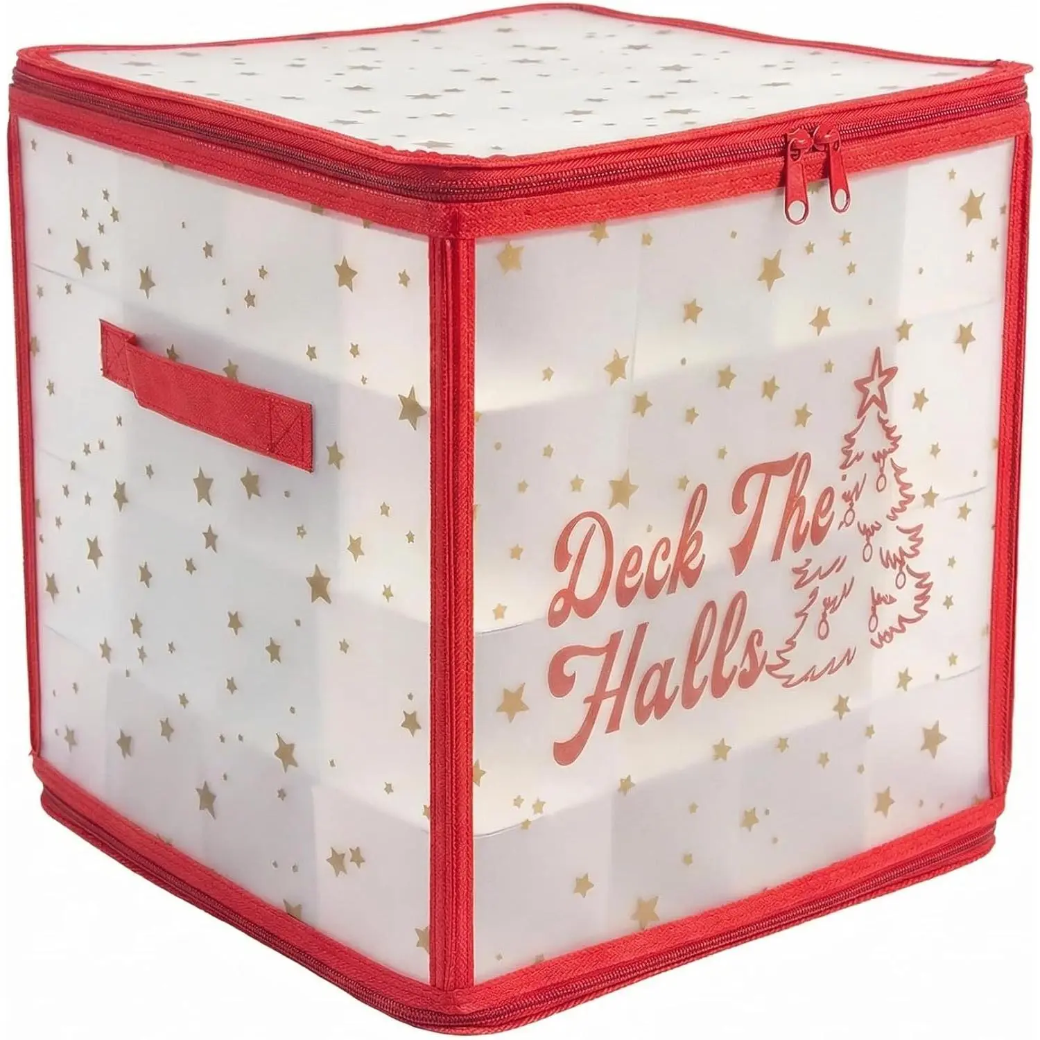 Plastic Christmas Ornament Storage Box with Zippered Closure - Store up to 64 of the 3-inch Standard Christmas Ornaments, Xmas Ornaments Storage with Dividers & Two Handles