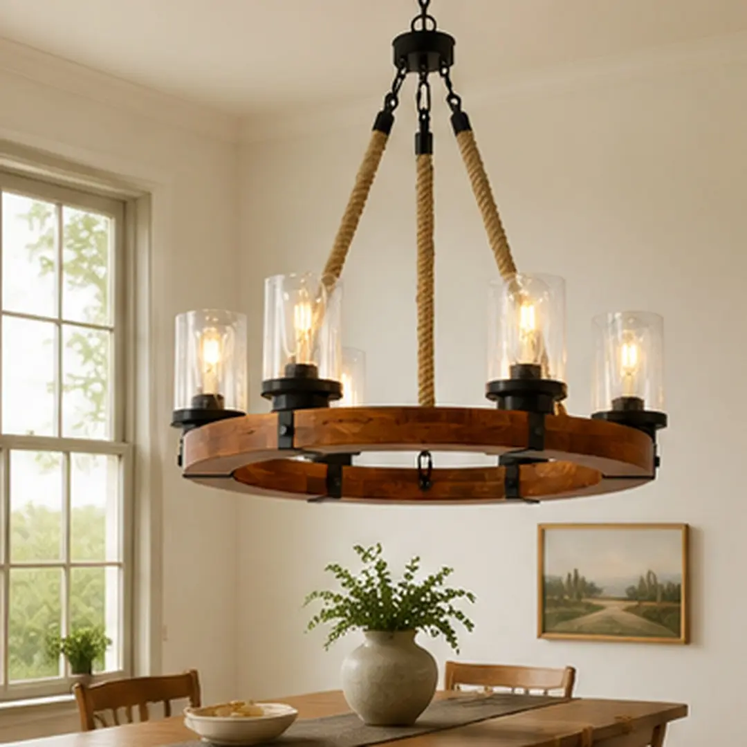 ARCH Rustic 6-Light Wagon Wheel Chandelier, Farmhouse Style Home Entryway Fixture with Seeded Glass Shade, Wood/Matte Black Finish, Halogen Edison Bulb Compatible, 2 Size Options, for Dining Room/Foyer