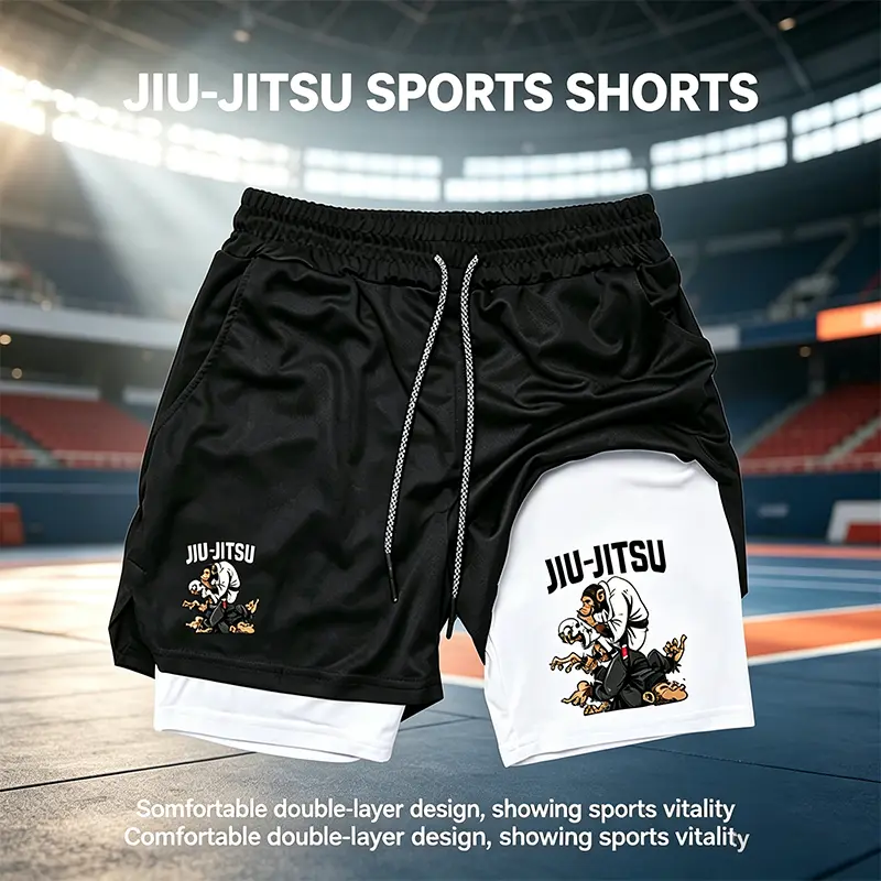 Men's Jiu Jitsu Monkey Print 2-in-1 Compression Shorts Quick Dry Gym Training BJJ Sports Workout Shorts with Liner WX198