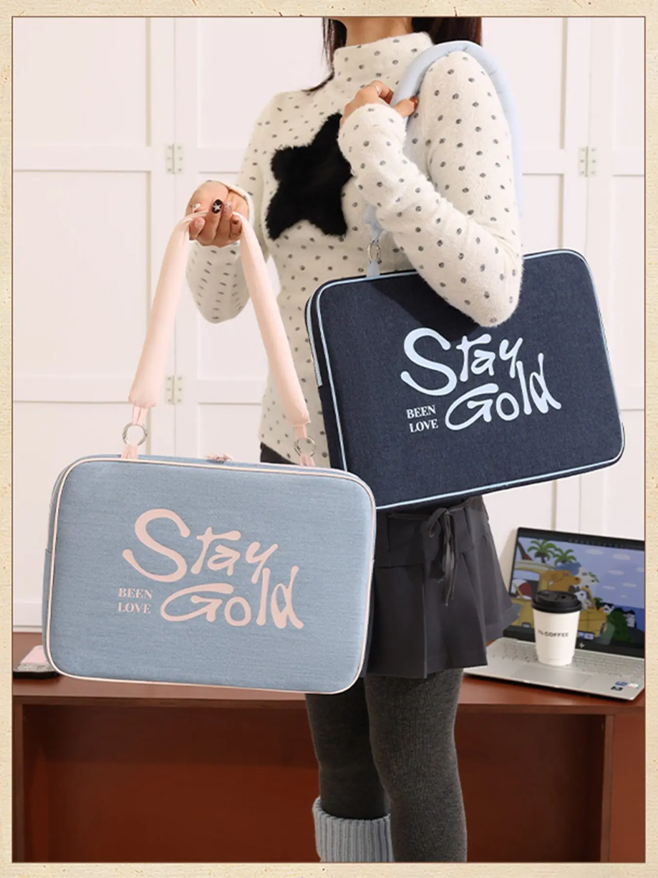 Cute Laptop Storage Bag with Detachable Shoulder Strap, Multi-Compartment Lightweight Shockproof Handheld Notebook Sleeve, Fits 13/14/15.6 Inch Laptop Compatible with MacBook HP Dell Lenovo, Portable Computer Tote Bag for School Business Trip Travel