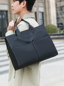 Men's Business Solid Color Tote Bag, Fashionable Simple Design Large Capacity Shoulder Bag for Work & School, Casual Trendy Versatile High-quality Daily Commuting Bag